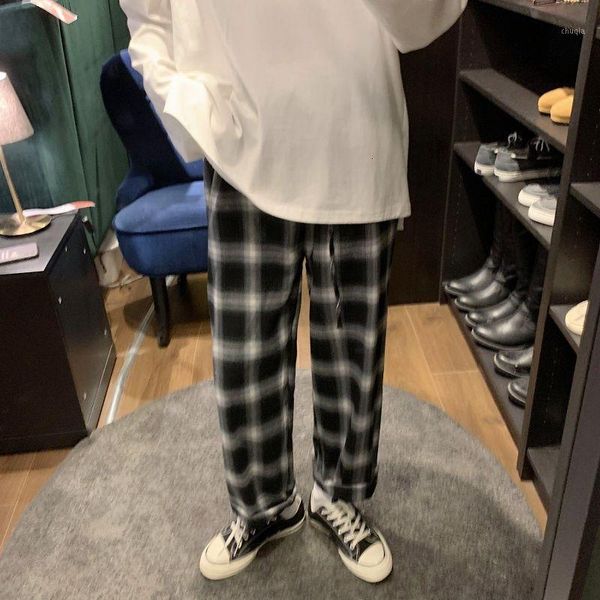 

thick plaid pants men's fashion retro casual wide-leg pants men streetwear loose hip-hop korean straight trousers mens s-xl1, Black