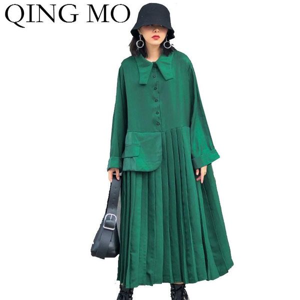 

qing mo black apricot green women pleated dress 2020 women streetwear loose dress female spring elegant plus size zqy3220, Black;gray
