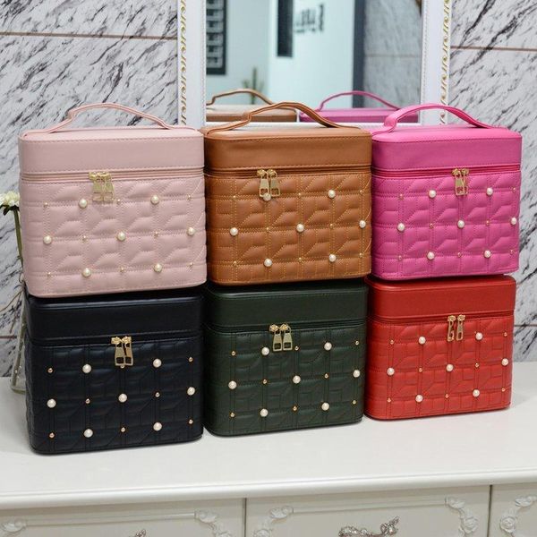 

large capacity cosmetic bag,pu professional makeup organizer,portable brush storage case pearl decoration,2 layer with mirror.