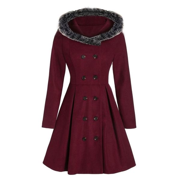 

women plus size double breasted fur hooded long coat fashion solid color winter vintage warm jackets for female 2019 streetwearx1020, Black