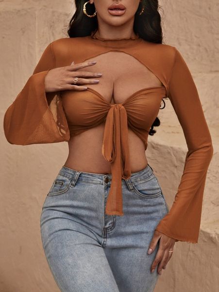 

sxy tie front cut out mesh c7ve#, White