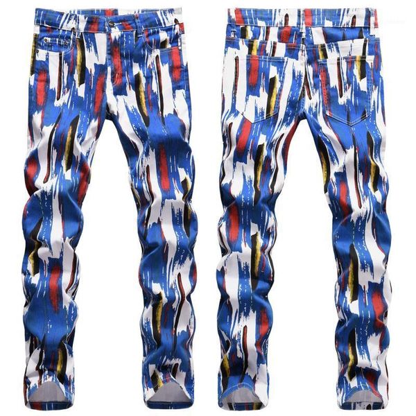 

korean men's jeans graffiti printed decor personality fashion stage singers hip-hop slim straight spring autumn new male pants1, Blue