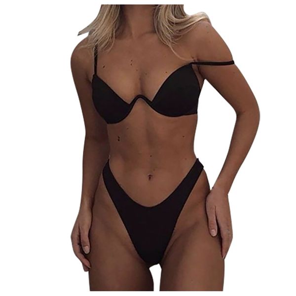 

2020 new women's bikini solid set swimsuit two piece filled bra swimwear beachwear gifts high quality, Black;white