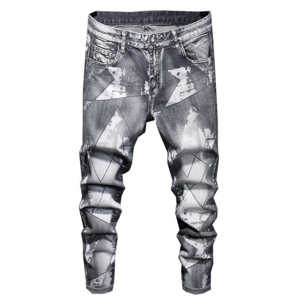 

men's slim gray stretch denim jeans fashion geometrical line printed pencil pants trousers, Blue