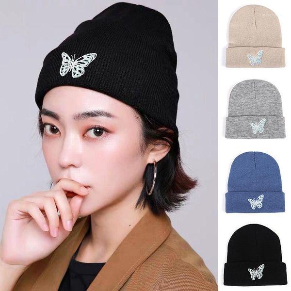 

embroidery butterfly knitted hats for women fashion winter fall hat beanies solid color warm skullcap hats gorras1, Blue;gray