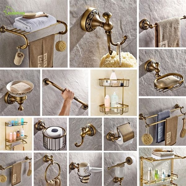 TT Antico Soild Brass Carving Bagno Accessori Bronzo Bronzo Base BASE Montaggio a parete Bagno Set di hardware Set di spazzola zecca LJ201209