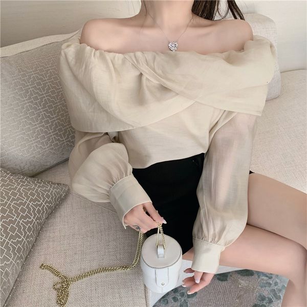

autumn 2020 new long sleeve off shoulder cross loose short style shirt women