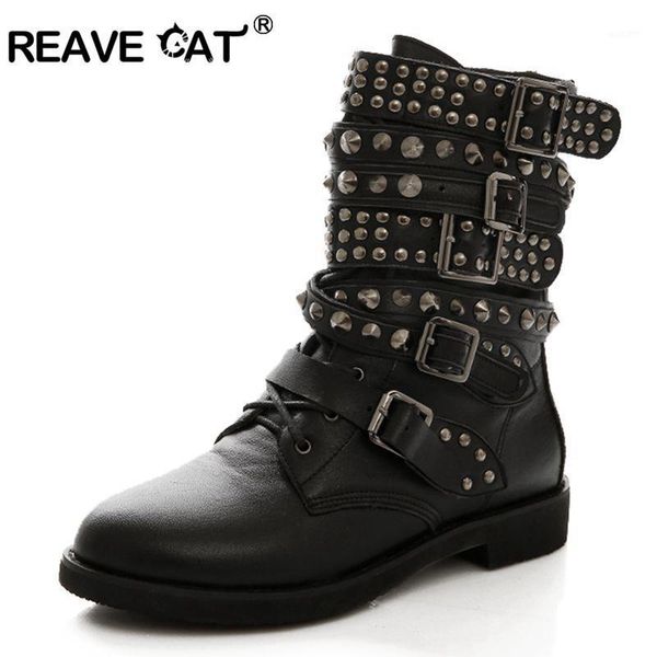 

boots reave cat winter women round toe lace up rivet studded low heels buckle combat motorcycle riding ankle plus size1, Black