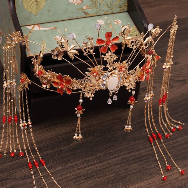 

bridal dress, phoenix crown, step, shake, show, hefu, toasting suit, chinese style ancient hair ornament, headdress, Silver