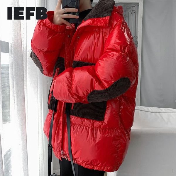 

iefb / men's mid length cotton padded shiny glossy hooded witner coat patchwork corduroy color block patchwork big size 9y4143, Black