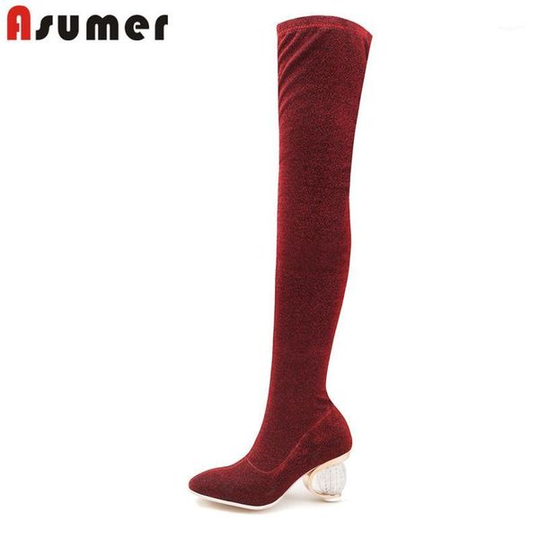 

boots asumer big size 35-43 fashion autumn winter shoes woman square toe bling elegant over the knee prom ladies elastic boots1, Black