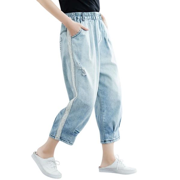 

summer autumn patchwork lace jeans women washed harem denim pant female elastic waist casual loose capris pants, Blue
