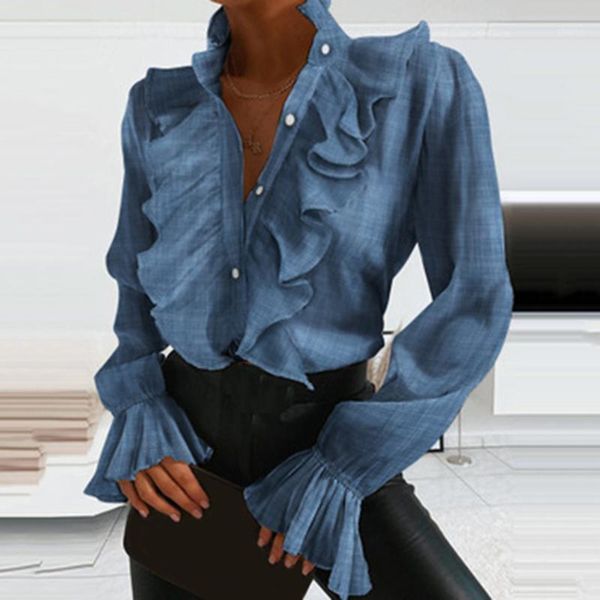 

4 colors women elegant ruffles v neck buttons retro blue long sleeve blouse shirt office lady spring casual slim 1, White