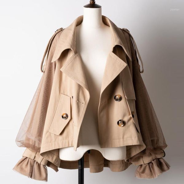 

women's trench coats women autumn winter japanese style designer sweet temperament double breasted lapel mesh gauze sleeve casual1, Tan;black