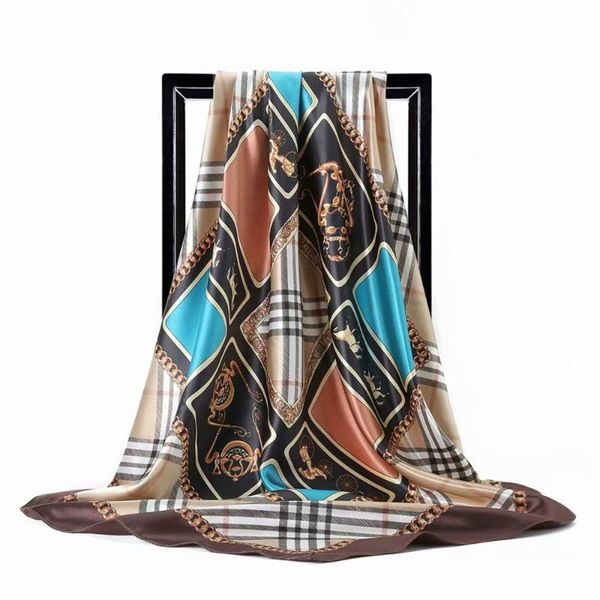 

2020 шелковый шарф женщины hijab модный дизайнер мягкий kerchief 90 * 90см квадратные шали и обертывает атлас headscarf dl015, Blue;gray