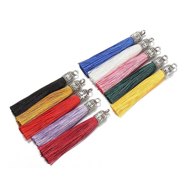 

10pcs lot 6cm silk tassel with silver caps decorative tassels pendants diy earring charm for jewelry making hangling accessories h qyldkp