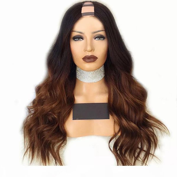 

long brown ombre human hair wigs natural wave malaysian remy glueless u part wigs middle right left upart 1"x4" two tone color, Black;brown