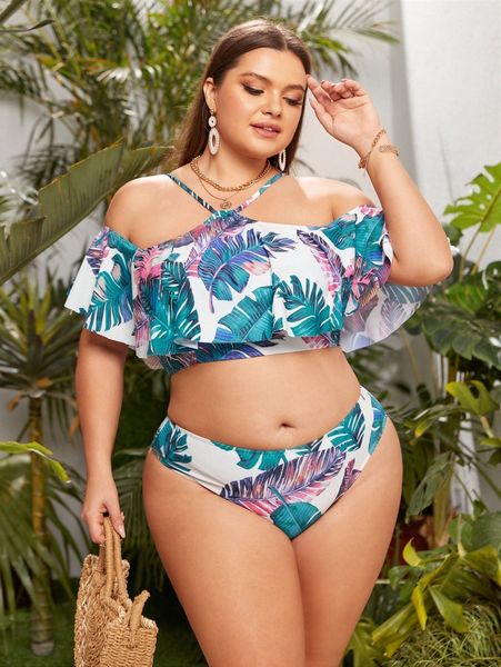 

plus leaf print ruffle hem bikini swimsuit j9uh#, Black