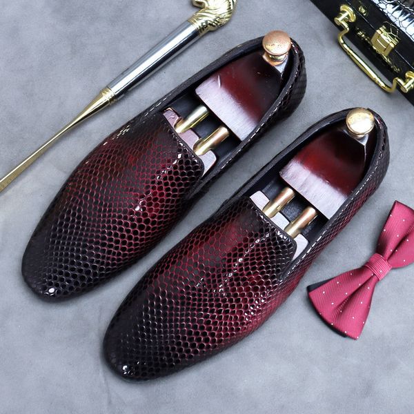 

luxury designer mens red leisure formal shoes fashion round toe slip on python snake pattern boat zapatos for male party mj69115, Black