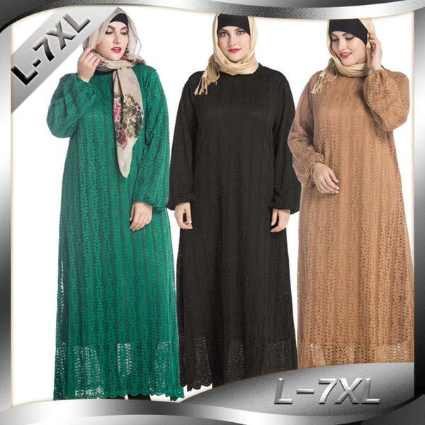 

fashion long full sleeve hui round neck lining lace dress muslim large 9042, Black;gray