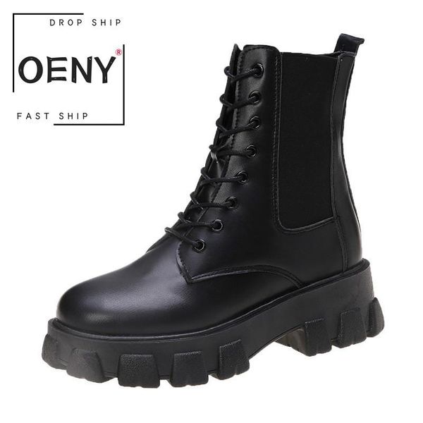 

boots 2021 fashion women's autumn woman shoes lace-up round toe platform all-match comfortable size 35-40, Black