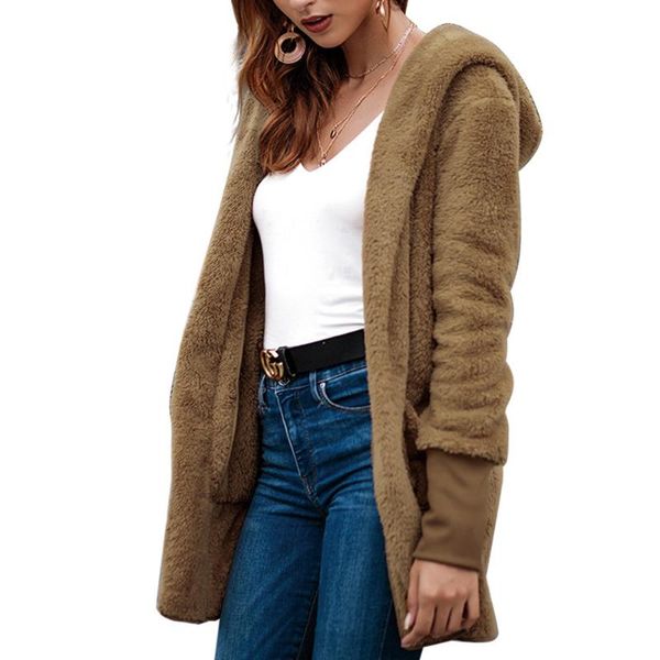 

women's fur & faux womens coat fleece pocket plain cardigan jacket outwear warm winter coats and jackets women, Black