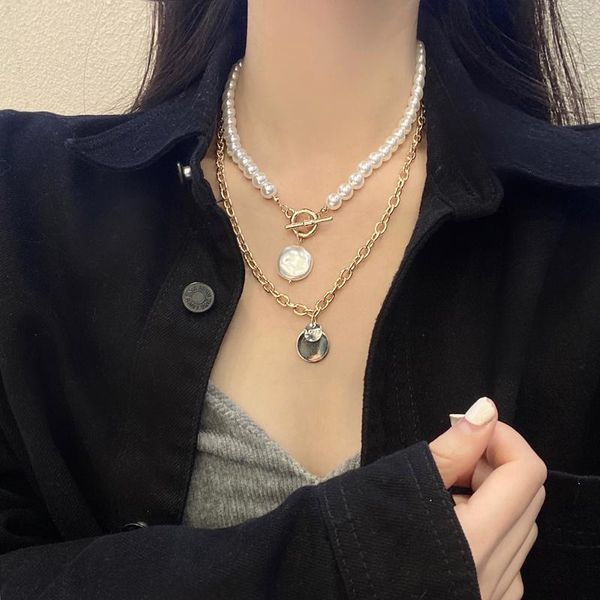 

chokers xialuoke bohemia multilayer geometric round metal baroque imitation pearl pendant necklace for women fashion jewelry n1494, Golden;silver