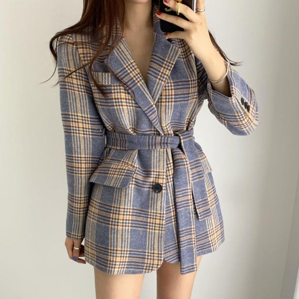 

women's wool & blends alien kitty women woolen coat 2021 winter female plaid sashes slim notch collar straight all match vinage gentle, Black