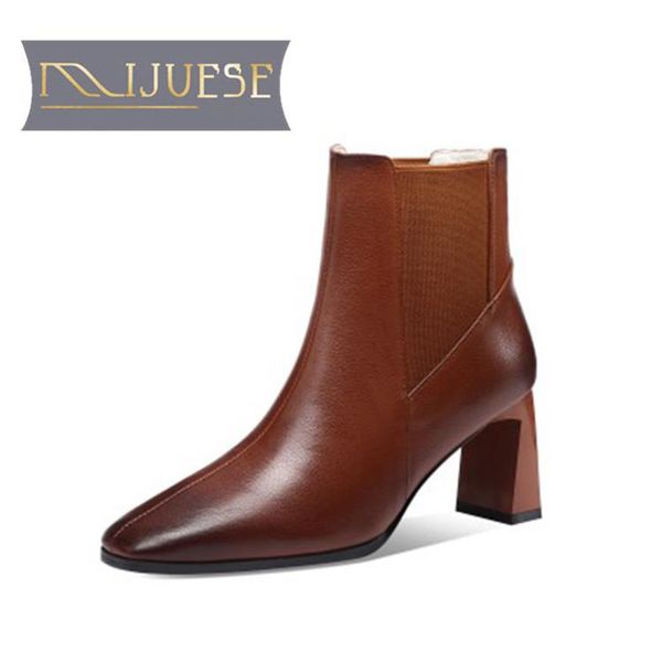 

boots mljuese 2021 women ankle cow leather winter short plush square toe high heels female size 40, Black