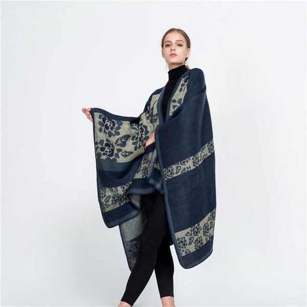 

autumn and winter 2020 new street style flower pattern split shawl thermal scarf, Blue;gray