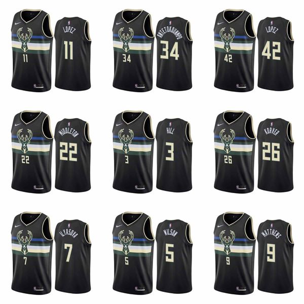 

custom 2020 the buck black style jerseys 11 lopez 34 antetokounmpo 42 lopez 22 middleton 3 hill 26 korver 7 ilyasova basketball jersey, Black;red