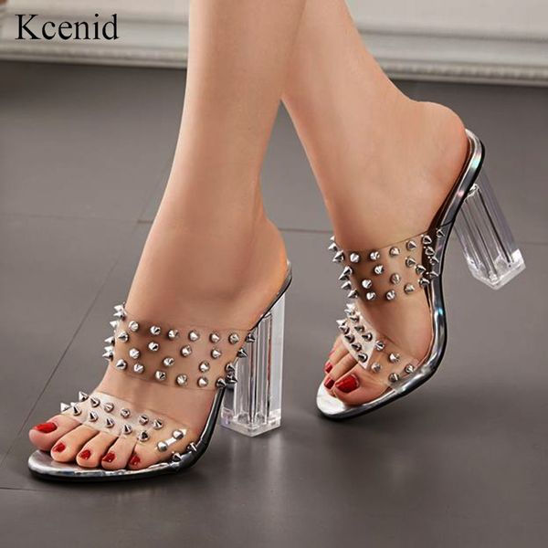 

kcenid women crystal clear transparent sandals slippers women fashion rivets block high heels slide chunky mules wedding shoes x1020, Black