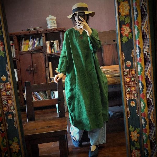 

casual dresses women washed linen robe dress ladies vintage flax v neck female plus size 2021 summer autumn loose, Black;gray