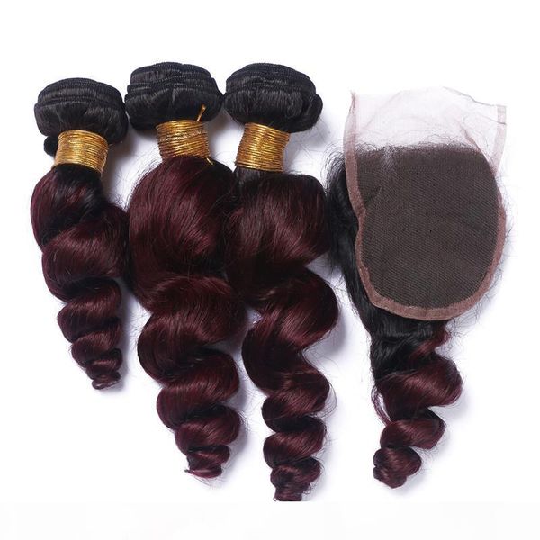 

loose wave 1b 99j burgundy ombre 4x4 front lace closure with weaves 4pcs lot wine red ombre indian virgin hair 3bundles with closure, Black;brown