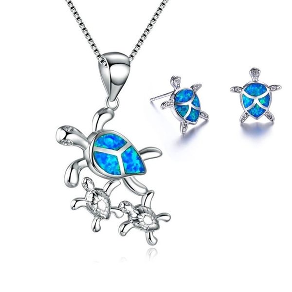Modeschmuck-Set für Damen, Halsketten mit Ohrringen, niedliche Schildkröte, blauer Feueropal-Anhänger, Halsketten-Bolzen für Frauen