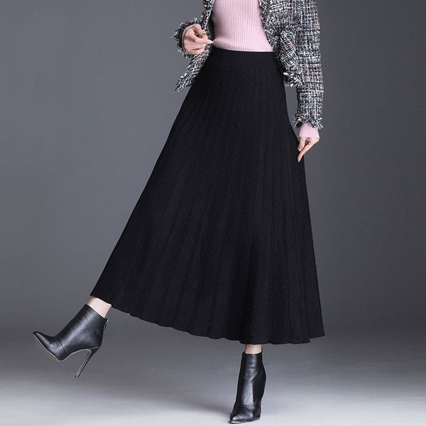 

new elegant 2021 midi knitted leather winter at knee height a line women's high-waisted skirt y336 34ea, Black