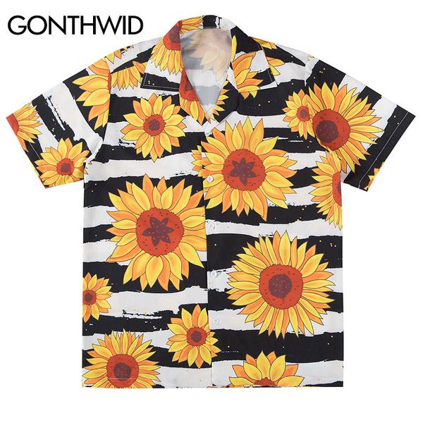 

sunflower flowers print short sleeve stripe hawaiian beach aloha shirts summer casual streetwear men hip hop shirt kg-345, White;black