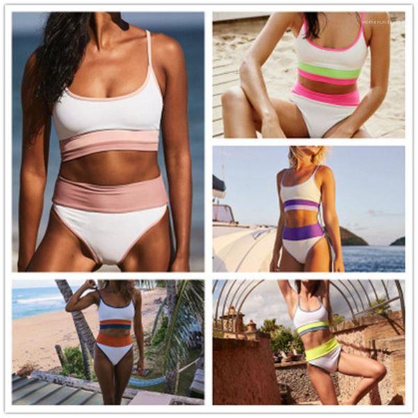 

women splicing color swimwear fashion trend sling briefs split bikini swimsuit summer female beach swimming pool bikini sets, White;black