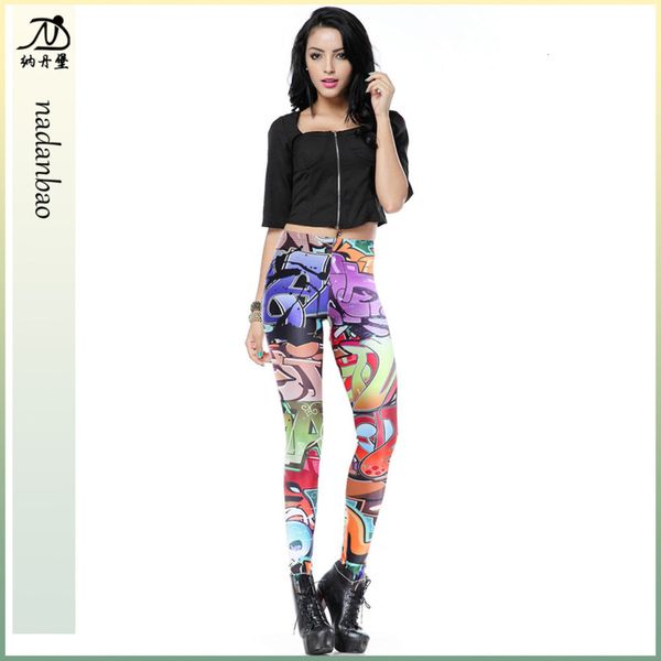 

graffiti print high waist leggings women's pencil pants kdk1183, Black