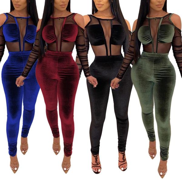 

women clothes set velvet mesh splicing set long sleeve jumpsuit romper high waist long pants trousers causal outfits, Gray
