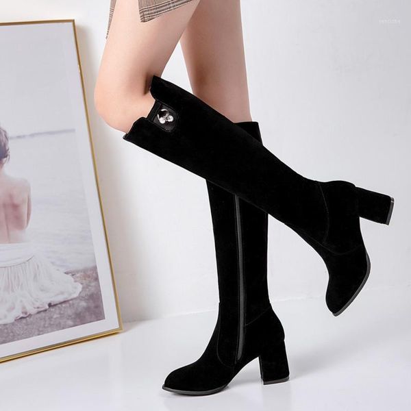

boots ymechic suede high heel women botas the knee thigh rhinestone zipper long shoes altas mujer size 34-43 20211, Black