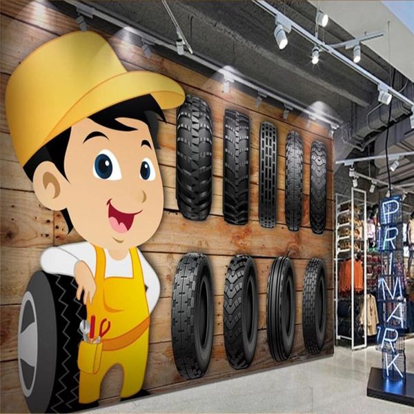 

cartoon tire repairman brown wooden board textured background 3d mural wallpaper tire repair shop industrial decor wall paper 3d