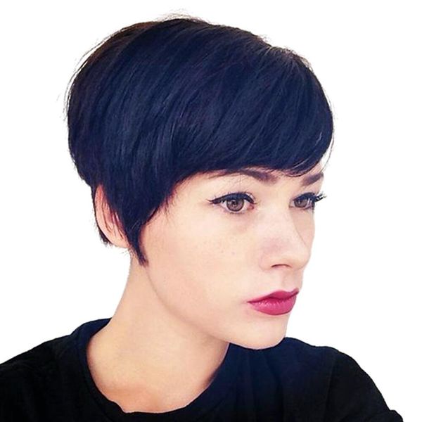 

human hair short pixie cut wigs with bangs for women short black layered wavy straight machine none lace front wig, Black;brown