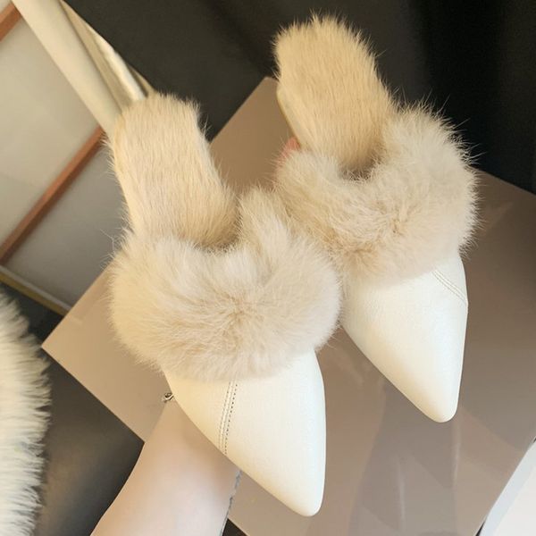 

fashion pointed temperament plush low-heeled slippers set foot vacation solid color comfortable casual slippers women shoes, Black
