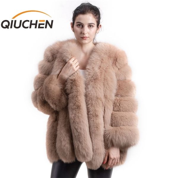 QIUCHEN PJ8128 nuovo arrivo TRASPORTO LIBERO delle donne di inverno vera pelliccia di volpe cappotto di vendita calda grande pelliccia manica lunga moda ragazze giacca 201212