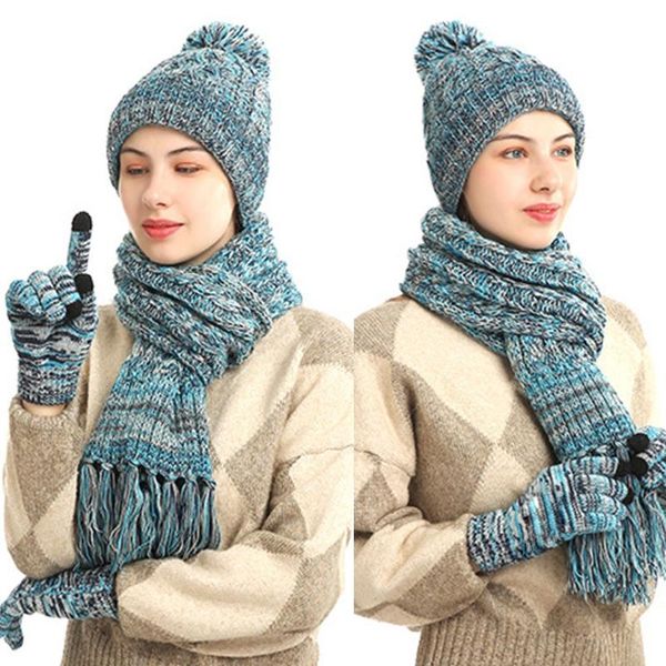 

women winter 3 pieces beanie hat tassel long scarf touch screen gloves set colorful crochet knit plush lined pompom skull cap ne, Blue;gray