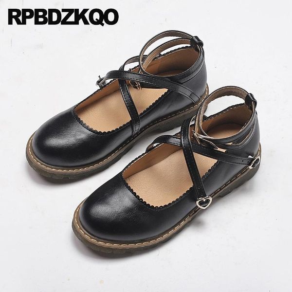 

китай женщины японский белый 2020 черный розовый kawaii дамы красивые flats обувь лодыжки ремень круглый toe лолита китайский дизайнер, Black