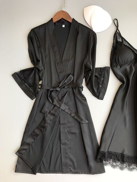 

women's sleep & lounge two pieces robe & gown sets hollow out lace & satin female mini nightdress bathrobe set, Black;gray