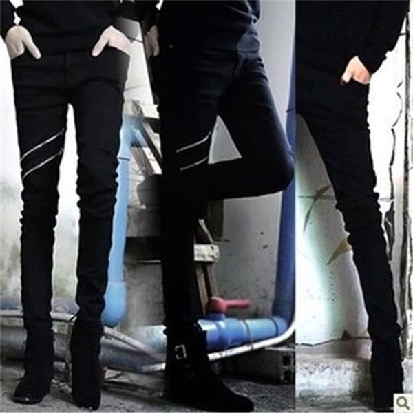 

wholesale fashion summer thin double zipper skinny teenagers boys black show thin hip hop streetwear jeans men 28-34 201116, Blue