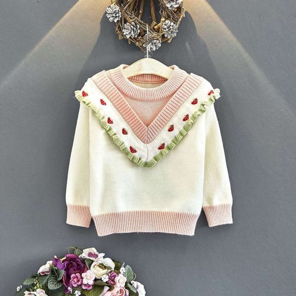 

winter and korean 2020 new autumn wear children's sweater girls' holiday two strawberry round neck pullover top, Blue